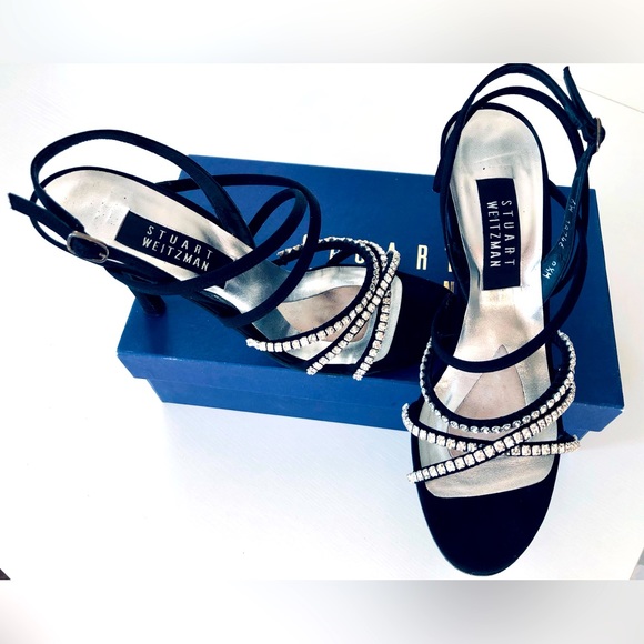 Stuart Weitzman Black silk peau de soie  rhinestone strap 4"heel sandals 8 1/2 M - Picture 6 of 15